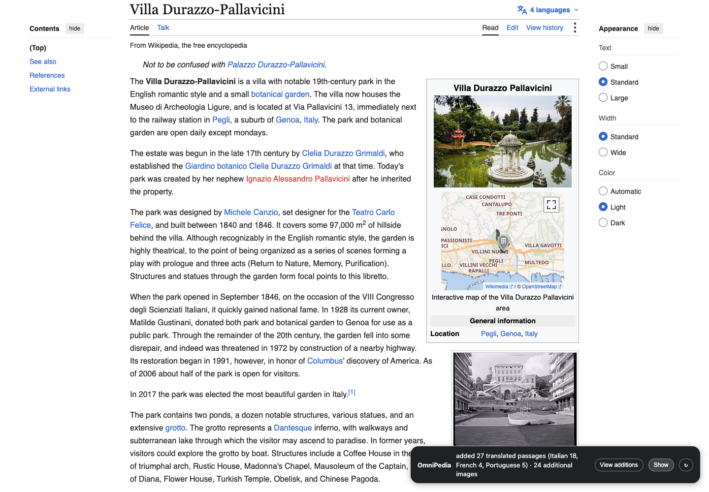 Villa Durazzo-Pallavicini’s English Wikipedia article with additions hidden